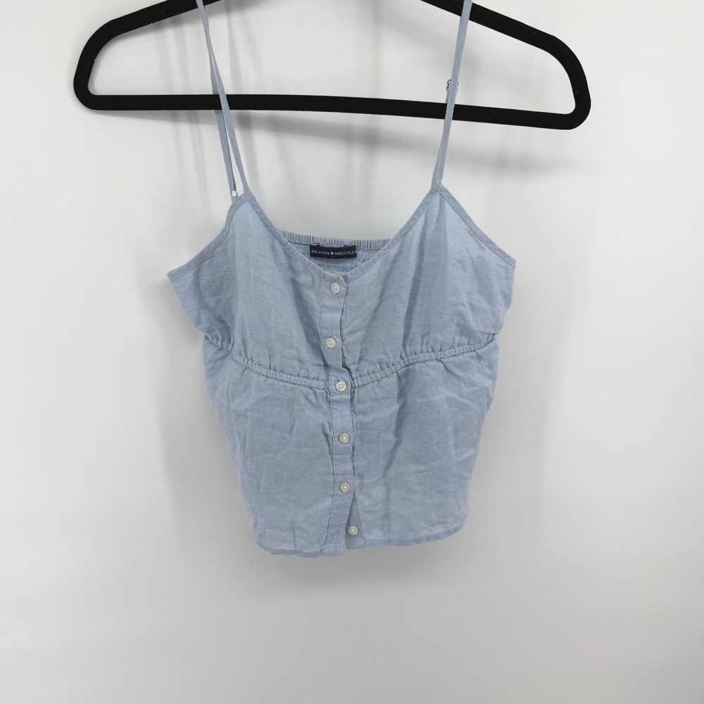 Brandy Melville Tank Top Button Front One Size Blue Women Linen Camisole Smocked